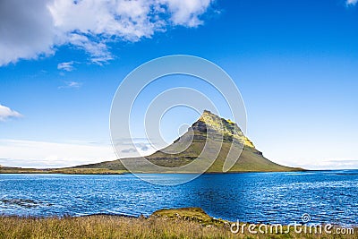Kirkjufell, kirkjufellsfoss and atlantic ocean iceland in summer august Stock Photo