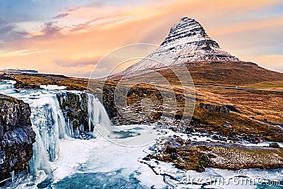 Kirkjufell mount and waterfall. Stock Photo