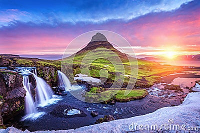 Kirkjufell at sunrise in Iceland. Beautiful landscape and sunrise Stock Photo