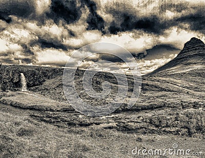 Kirkjufellfoss scenic spot with iconic waterfall and peak in Iceland Stock Photo