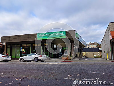 Exterior street view of a Washington Federal Bank in the downtown area near the library Editorial Stock Photo
