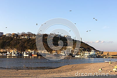 Kirklareli Turkey Igneada harbor, fishing boats, sunset and the view of the harbor and close above Stock Photo