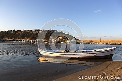 Kirklareli Turkey Igneada harbor, fishing boats, sunset and the view of the harbor and close above Stock Photo