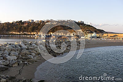 Kirklareli Turkey Igneada harbor, fishing boats, sunset and the view of the harbor and close above Stock Photo