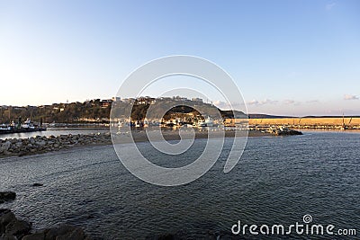 Kirklareli Turkey Igneada harbor, fishing boats, sunset and the view of the harbor and close above Stock Photo