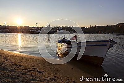 Kirklareli Turkey Igneada harbor, fishing boats, sunset and the view of the harbor and close above Stock Photo