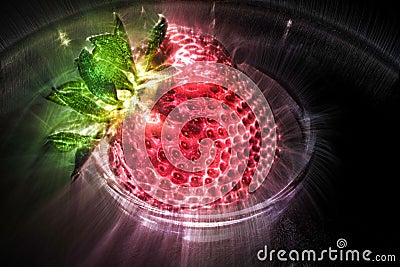 3D-Illustration Kirlian glow on strawberries with leaves on a plate in a glas bowl. Isolated on a white background Stock Photo