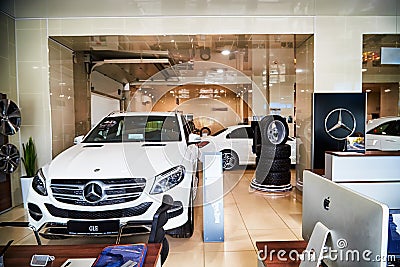 Kirov, Russia - May 07, 2019: Cars in showroom of dealership Mercedes in Kirov Editorial Stock Photo