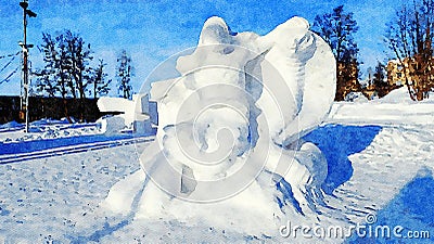 Watercolor representing ice sculptures in the city`s public park Editorial Stock Photo