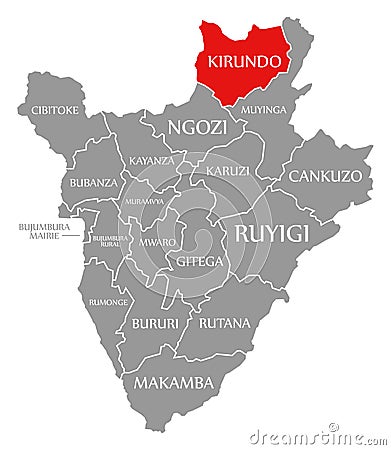 Kirundo red highlighted in map of Burundi Cartoon Illustration