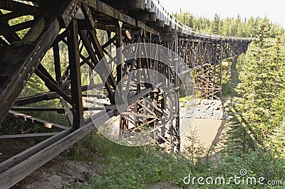 Kiskatinaw curved wooden bridge support construction Stock Photo