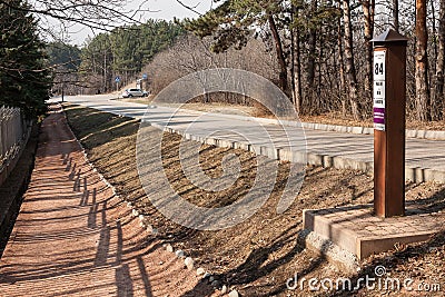 Kislovodsk, Russia. National park `Kislovodsk`. Signpost on road with number of terrain station. Editorial Stock Photo