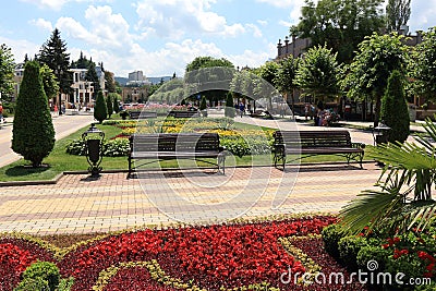 Beautiful ornamental flower beds on Kurortny Boulevard in Kislovodsk, Russia Editorial Stock Photo