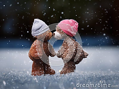 Kiss cute Teddy bears in the falling snow. Stock Photo