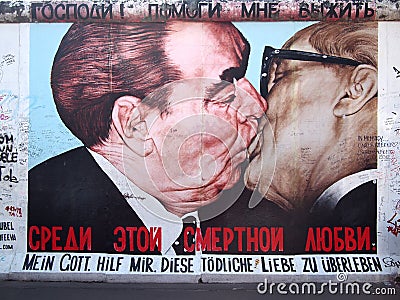 Kiss of Honecker and Brezhnev on Berlin Wall Editorial Stock Photo