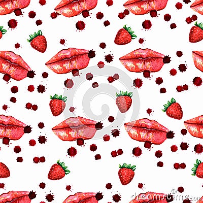 Kiss lips seamless pattern lover Valentine colorful love kiss red pink lip and strawberry pattern Cartoon Illustration