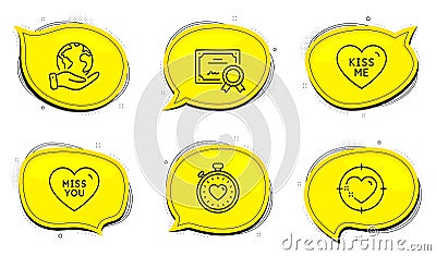 Kiss me, Miss you and Heart target icons set. Heartbeat timer sign. Love sweetheart, Love heart. Love set. Vector Vector Illustration