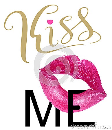 Kiss me ornate text and woman lips pint Vector Illustration