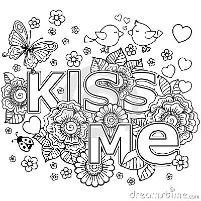 Kiss me. abstract background made of flowers, butterflies, birds kissing and the word love. Vector Illustration