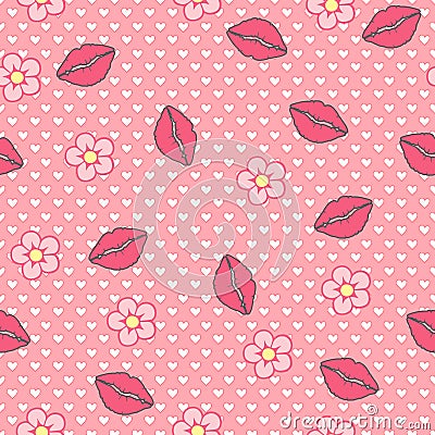 Kiss me. Vector seamless pattern, abstract background made of lips and flowers Vector Illustration