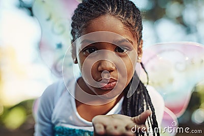 Kiss, princess costume and portrait of girl in forest for playing fantasy, childhood game and happiness. Nature, fairy Stock Photo