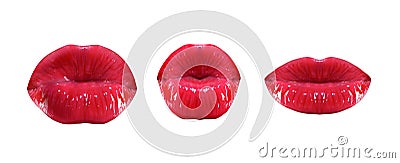 Kiss set. Sexy mouth concept. Female lips with pink lipstick. Set of three sexy sensual women`s mouths, isolated on Stock Photo