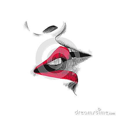 Kiss sketch vector illustration, hand drawn black, red and white doodle drawing. Young couple are kissing, open lips and Vector Illustration
