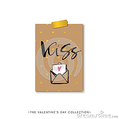 Kiss. Valentines day calligraphy gift card. Envelope with heart. Cartoon Illustration