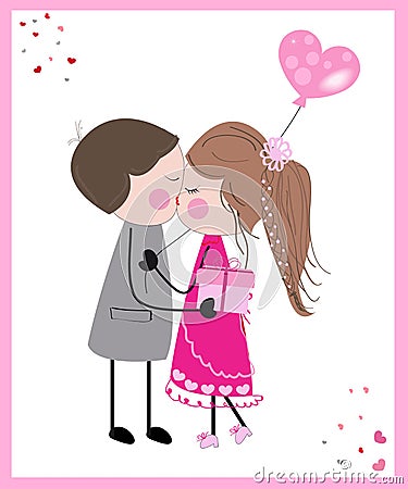 Kissing couple with balloon and gift greeting card Vector Illustration