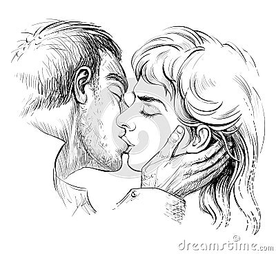 Kissing couple in love, black and white hand drawn illustration. Vector Illustration