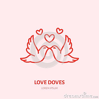 Kissing doves illustration. Two flying birds in love flat line icon, romantic relationship. Valentines day greeting sign Vector Illustration