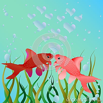 Kissing fish. Cute cartoon fishes in love romantic illustration. Template for Valentine day Vector Illustration