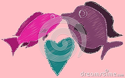 Kissing fish and heart painted with dashed lines. Two fish kiss on a pink background. Vector Illustration