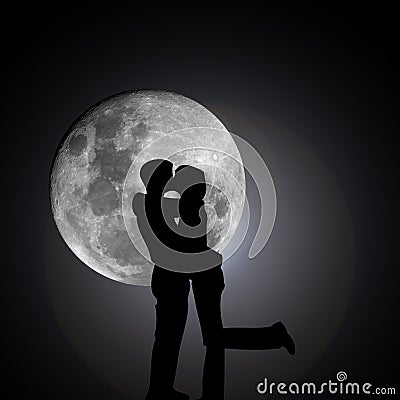 Kissing lovers by night with moon Cartoon Illustration