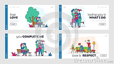 Kissing People, Love and Home Scandal Landing Page Template Set. Male and Female Characters Kiss Vector Illustration