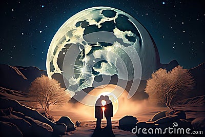 Kissing romantic couple on landscape and reflection on circle shape cosmic sky. Stock Photo