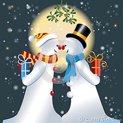 Kissing Under the Mistletoe,Snowman ,romantic couple kissing under the mistletoe Cartoon Illustration