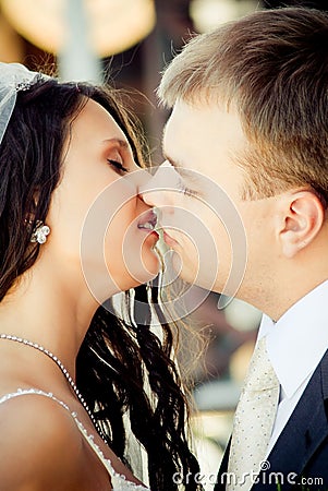 Kissing wedding couple Stock Photo