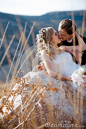 Kissing wedding couple Stock Photo