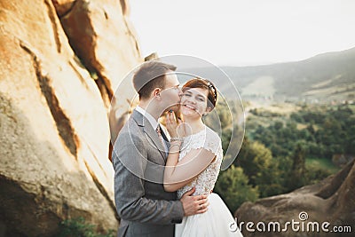 Kissing wedding couple staying over beautiful landscape Stock Photo