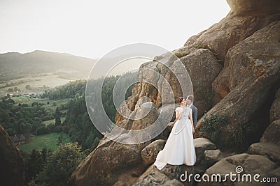 Kissing wedding couple staying over beautiful landscape Stock Photo