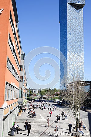 Victoria Tower, skyscraper in Kista, people during lunchtime. Editorial Stock Photo