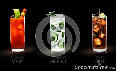 Famous drinks Bloody Mary, Mojito, Cuba Libre - black background Stock Photo