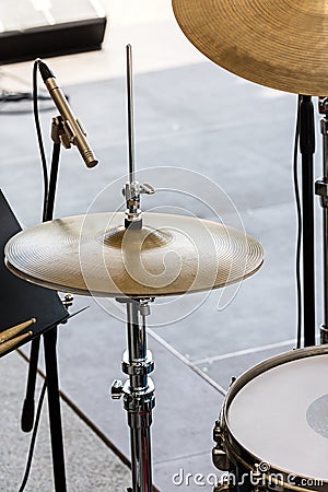 Kit of drums and metallic cymbals before street performance Stock Photo