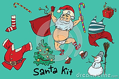 Kit undressed funny Santa and Christmas items Vector Illustration