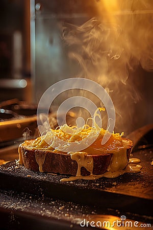 A kitchen alight with innovation as processed cheese is reimagined into a gourmet delicacy on toast Cartoon Illustration