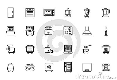 Kitchen appliance line icon set. Oven, mixer, dishwasher, food processor, combi steamer minimal vector illustrations Vector Illustration