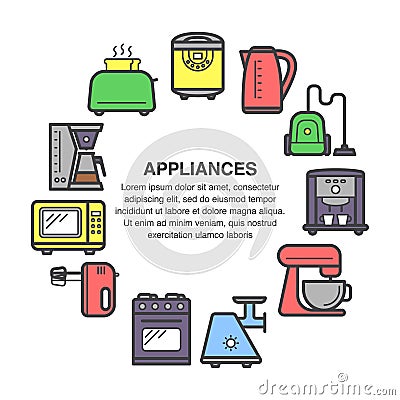 Kitchen appliances icons in a circle composition made in flat style Vector Illustration