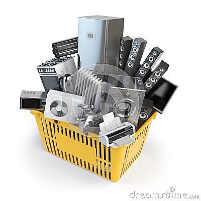 Kitchen appliances in the shopping basket. Online e-commerce concept. Cartoon Illustration