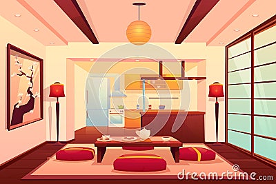 Kitchen in asian style, chinese, japanese room Vector Illustration